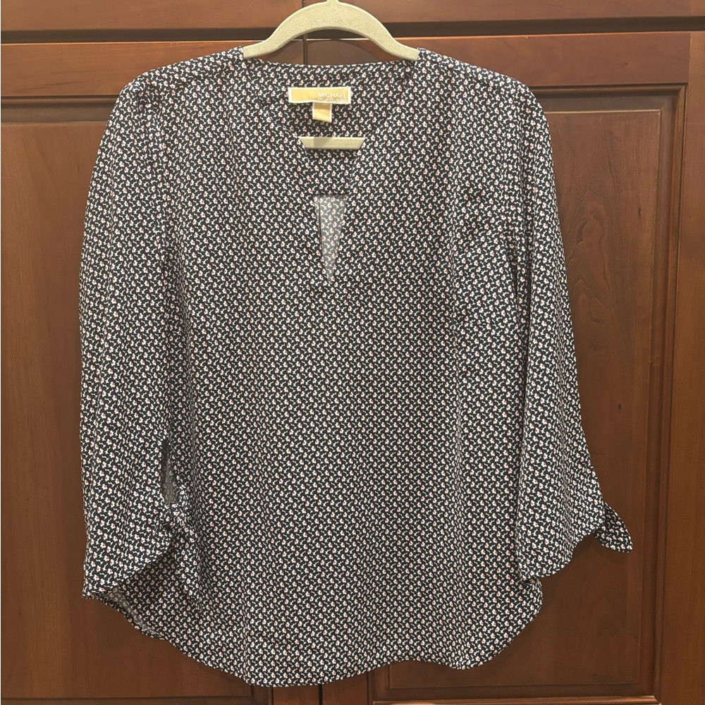 Michael Kors Blue and White Relaxed Blouse with Mandarin Collar